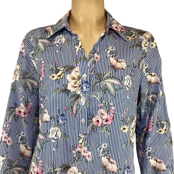 Talbots Button-Up Blouse Size Medium Top Floral Blue & White Pink - Picture 6 of 8